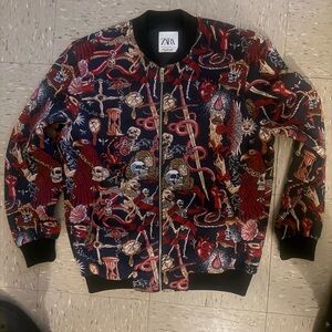 Zara Men's Red and Black Patterned Bomber Jacket